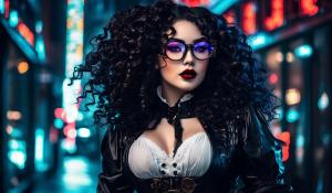 A charming curvy woman, adorned in an exquisite mix of elegant and gothic chic clothing, effortlessly combining skirts, a white blouse and underbust corsets. Her very long, black curls frame her round face with large brown eyes, long eyelashes and full red lips. She wears glasses with sturdy black frames.