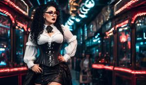 A charming curvy woman, adorned in an exquisite mix of elegant and gothic chic clothing, effortlessly combining skirts, a white blouse and underbust corsets. Her very long, black curls frame her round face with large brown eyes, long eyelashes and full red lips. She wears glasses with sturdy black frames.