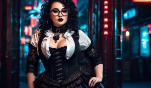 A charming curvy woman, adorned in an exquisite mix of elegant and gothic chic clothing, effortlessly combining skirts, a white blouse and underbust corsets. Her very long, black curls frame her round face with large brown eyes, long eyelashes and full red lips. She wears glasses with sturdy black frames.