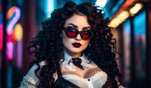 A charming curvy woman, adorned in an exquisite mix of elegant and gothic chic clothing, effortlessly combining skirts, a white blouse and underbust corsets. Her very long, black curls frame her round face with large brown eyes, long eyelashes and full red lips. She wears glasses with sturdy black frames.