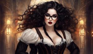 A charming curvy woman, adorned in an exquisite mix of elegant and gothic chic clothing, effortlessly combining skirts, a white blouse and underbust corsets. Her very long, black curls frame her round face with large brown eyes, long eyelashes and full red lips. She wears glasses with sturdy black frames.