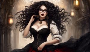 A charming curvy woman, adorned in an exquisite mix of elegant and gothic chic clothing, effortlessly combining skirts, a white blouse and underbust corsets. Her very long, black curls frame her round face with large brown eyes, long eyelashes and full red lips. She wears glasses with sturdy black frames.