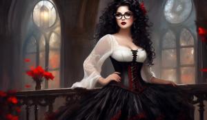 A charming curvy woman, adorned in an exquisite mix of elegant and gothic chic clothing, effortlessly combining skirts, a white blouse and underbust corsets. Her very long, black curls frame her round face with large brown eyes, long eyelashes and full red lips. She wears glasses with sturdy black frames.