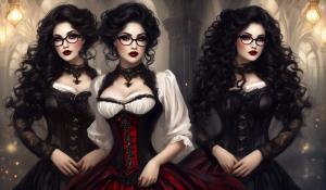 A charming curvy woman, adorned in an exquisite mix of elegant and gothic chic clothing, effortlessly combining skirts, a white blouse and underbust corsets. Her very long, black curls frame her round face with large brown eyes, long eyelashes and full red lips. She wears glasses with sturdy black frames.