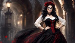 A charming curvy woman, adorned in an exquisite mix of elegant and gothic chic clothing, effortlessly combining skirts, a white blouse and underbust corsets. Her very long, black curls frame her round face with large brown eyes, long eyelashes and full red lips. She wears glasses with sturdy black frames.