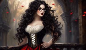 A charming curvy woman, adorned in an exquisite mix of elegant and gothic chic clothing, effortlessly combining skirts, a white blouse and underbust corsets. Her very long, black curls frame her round face with large brown eyes, long eyelashes and full red lips. She wears glasses with sturdy black frames.