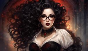 A charming curvy woman, adorned in an exquisite mix of elegant and gothic chic clothing, effortlessly combining skirts, a white blouse and underbust corsets. Her very long, black curls frame her round face with large brown eyes, long eyelashes and full red lips. She wears glasses with sturdy black frames.