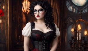 A charming curvy woman, adorned in an exquisite mix of elegant and gothic chic clothing, effortlessly combining skirts, a white blouse and underbust corsets. Her very long, black curls frame her round face with large brown eyes, long eyelashes and full red lips. She wears glasses with sturdy black frames.