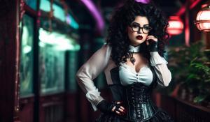 A charming curvy woman, adorned in an exquisite mix of elegant and gothic chic clothing, effortlessly combining skirts, a white blouse and underbust corsets. Her very long, black curls frame her round face with large brown eyes, long eyelashes and full red lips. She wears glasses with sturdy black frames.