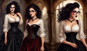 A charming curvy woman, adorned in an exquisite mix of elegant and gothic chic clothing, effortlessly combining skirts, a white blouse and underbust corsets. Her very long, black curls frame her round face with large brown eyes, long eyelashes and full red lips. She wears glasses with sturdy black frames.