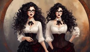 A charming curvy woman, adorned in an exquisite mix of elegant and gothic chic clothing, effortlessly combining skirts, a white blouse and underbust corsets. Her very long, black curls frame her round face with large brown eyes, long eyelashes and full red lips. She wears glasses with sturdy black frames.