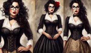 A charming curvy woman, adorned in an exquisite mix of elegant and gothic chic clothing, effortlessly combining skirts, a white blouse and underbust corsets. Her very long, black curls frame her round face with large brown eyes, long eyelashes and full red lips. She wears glasses with sturdy black frames.