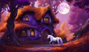 Autumn, forrest, purple, moon, hobbit house, female unicorn