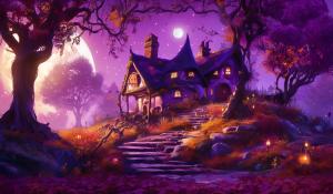 Autumn, forrest, purple, moon, hobbit house, female unicorn