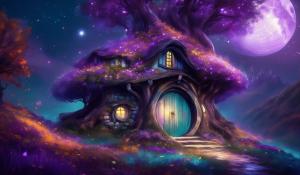 Little Hobbit house, shire, purple, teal, moon, autumn, pony