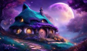 Little Hobbit house, shire, purple, teal, moon, autumn, pony