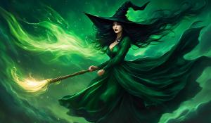 A witch with very long black hair blowing in the wind, full red lips and dark green glowing eyes, wears an unbuttoned green satin blouse dress and a witch's hat. She rides on a broom on which a black cat also sits