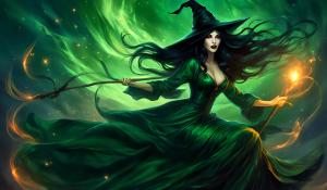 A witch with very long black hair blowing in the wind, full red lips and dark green glowing eyes, wears an unbuttoned green satin blouse dress and a witch's hat. She rides on a broom on which a black cat also sits