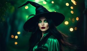 A witch with very long black hair blowing in the wind, full red lips and dark green glowing eyes, wears an unbuttoned green satin blouse dress and a witch's hat. She rides on a broom on which a black cat also sits