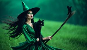 A witch with very long black hair blowing in the wind, full red lips and dark green glowing eyes, wears an unbuttoned green satin blouse dress and a witch's hat. She rides on a broom on which a black cat also sits