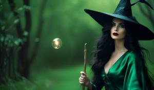 A witch with very long black hair blowing in the wind, full red lips and dark green glowing eyes, wears an unbuttoned green satin blouse dress and a witch's hat. She rides on a broom on which a black cat also sits