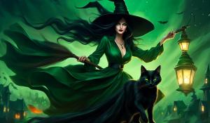 A witch with very long black hair blowing in the wind, full red lips and dark green glowing eyes, wears an unbuttoned green satin blouse dress and a witch's hat. She rides on a broom on which a black cat also sits