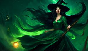 A witch with very long black hair blowing in the wind, full red lips and dark green glowing eyes, wears an unbuttoned green satin blouse dress and a witch's hat. She rides on a broom on which a black cat also sits