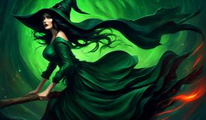 A witch with very long black hair blowing in the wind, full red lips and dark green glowing eyes, wears an unbuttoned green satin blouse dress and a witch's hat. She rides on a broom on which a black cat also sits