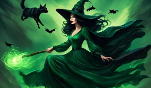 A witch with very long black hair blowing in the wind, full red lips and dark green glowing eyes, wears an unbuttoned green satin blouse dress and a witch's hat. She rides on a broom on which a black cat also sits