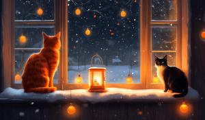 Cozy winter window with one orange cat and  one black cat, Cozy Lights 