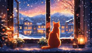 Cozy Winter window with one orange cat an one tuxedo cat, cozy Lights, winter landscape