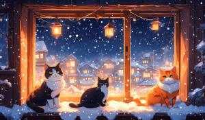 Cozy Winter window with one orange cat an one tuxedo cat, cozy Lights, winter landscape