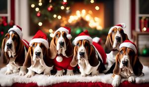 Basset hounds pulling Santa's sleigh at Christmas