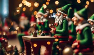 Stressed out Elves smoking a cigarette in Santa's toy factory at Christmas