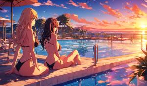 Waifus in bikinis watching the sunset at the pool