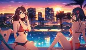 Waifus in bikinis watching the sunset at the pool