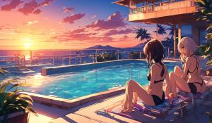 Waifus in bikinis watching the sunset at the pool