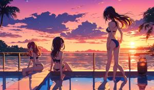 Waifus in bikinis watching the sunset