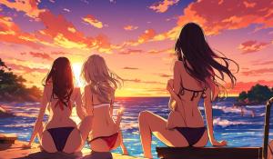 Waifus in bikinis watching the sunset