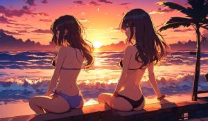 Waifus in bikinis watching the sunset