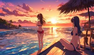 Waifus in bikinis watching the sunset