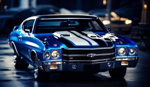 1970 chevy chevelle blue and white stationary with black background 