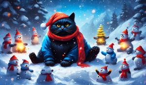 Draw a big black cat with big dark yellow eyes wearing a neon blue snowsuit sitting in a pile of snow with his arm around a panda wearing a red scarf and red santa hat surrounded by snowmen in a blizzard with a big bonfire in the background