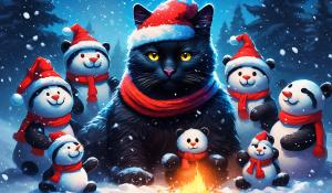 Draw a big black cat with big dark yellow eyes wearing a neon blue snowsuit sitting in a pile of snow with his arm around a panda wearing a red scarf and red santa hat surrounded by snowmen in a blizzard with a big bonfire in the background