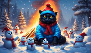 Draw a big black cat with big dark yellow eyes wearing a neon blue snowsuit sitting in a pile of snow with his arm around a panda wearing a red scarf and red santa hat surrounded by snowmen in a blizzard with a big bonfire in the background