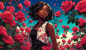 Black female model field of roses