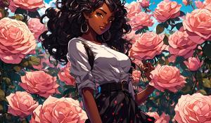 Black female model field of roses