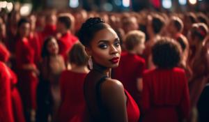 Goregous black female red lipstick hazel eyes red dress in crowd