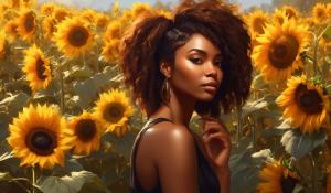 Soft romantic gorgeous black female. With beautiful brown hair daylight sunflowers