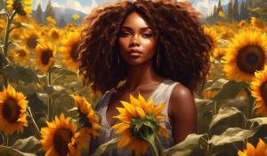 Soft romantic gorgeous black female. With beautiful brown hair daylight sunflowers